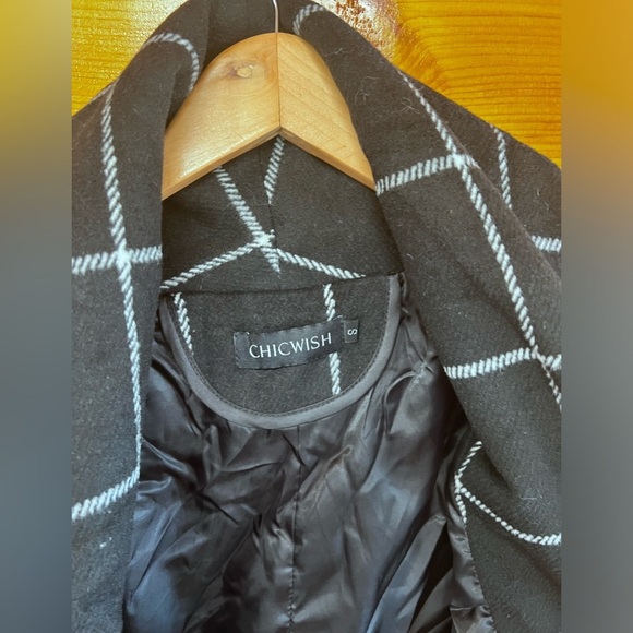 Chicwish Black & White Plaid Wool Blend Asymmetrical Wrap Coat, Size S - Picture 4 of 7